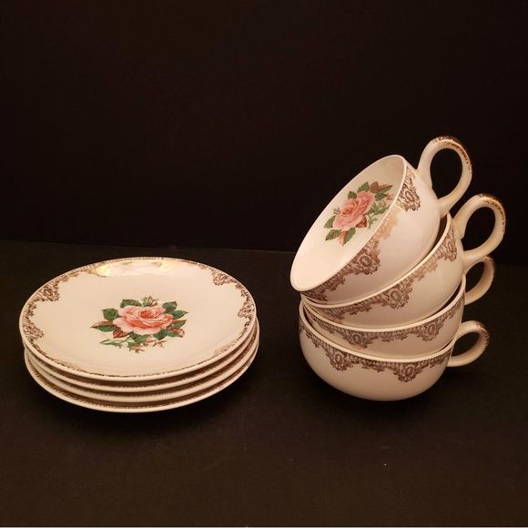 American Rose Cups Saucers Paden City Pottery Pink Roses Gold Vintage 4 sets - Picture 2 of 16